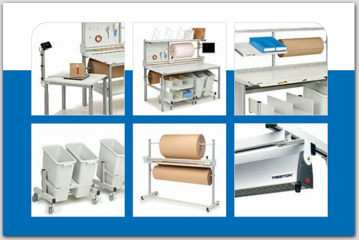 упаковочное оборудование: упаковочные столы, комплектовочные рабочие места, держатели бумажных рулонов и резаки упаковочных материалов