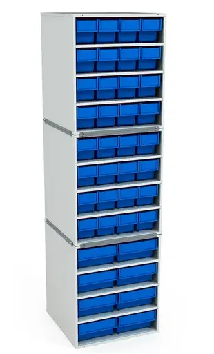 Стационарная кассетница 1425x410x410 мм | 40 ящиков (красные или синие), сварная конструкция, RAL 7012