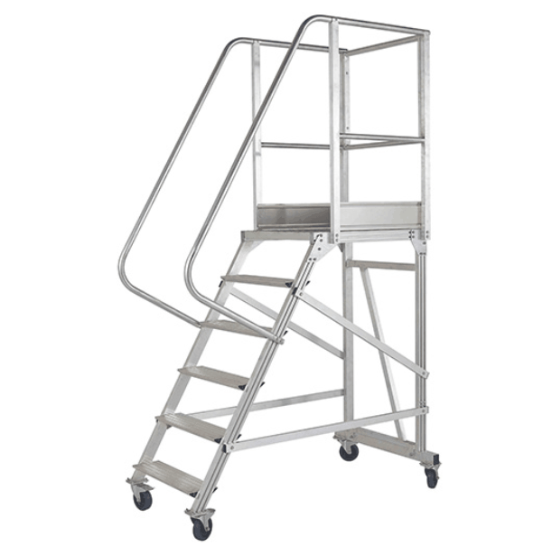 Передвижная, мобильная алюминиевая вышка-стремянка лестница с одним лестничным маршем. Имеет обширную сферу применения: в строительной отрасли, на складе, производстве и в магазине. 