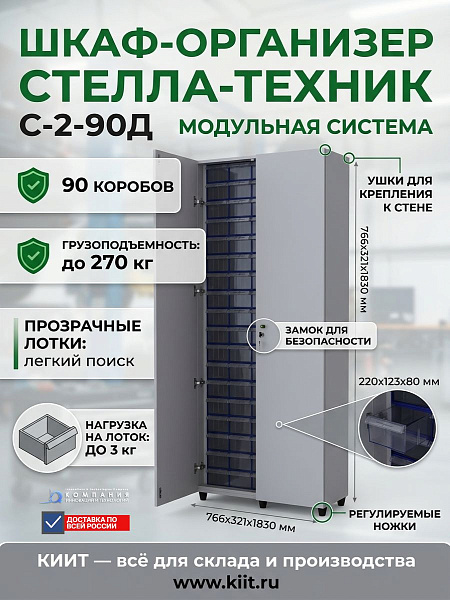 Шкаф-органайзер Стелла-техник С-2-90Д — это компактное и защищенное решение для хранения 90 коробов с мелкими деталями, крепежом и комплектующими на складах, производствах, в мастерских и офисах. Двери с замком, регулируемые ножки, прозрачные лотки и возм