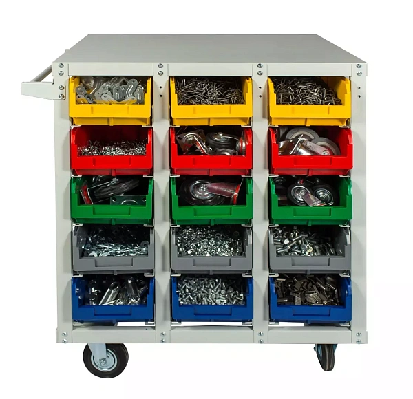 При использовании вместе с колесами, данный стеллаж становится мобильным, что значительно расширяет его функциональные возможности для перемещения хранимых вещей груза, по территории предприятия, склада, цеха.