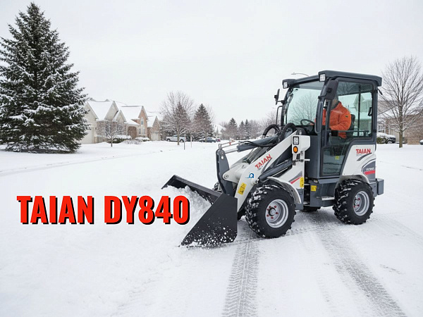 Мини-погрузчик TAIAN DY840 на зимнем содержании Уборка снега с отвалом, работа в сложных погодных условиях на городских улицах и территориях.