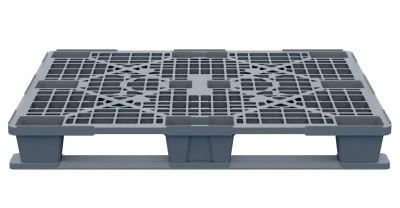 Пластиковый паллет iPlast 1200x800x150 мм (серый, усиленный, перфорированный, на 2 полозьях с бортиком). Изображение №2