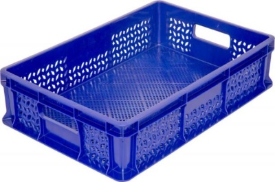 Пластиковый ящик 600х400х120 мм перфорированный с ручками синий морозостойкий. Изображение №1