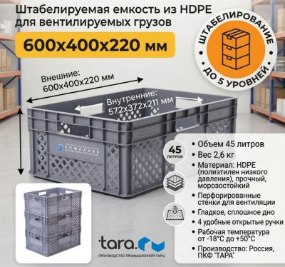 Ящик пластиковый перфорированный 600x400x220 мм (4 открытые ручки, дно гладкое). Изображение №1