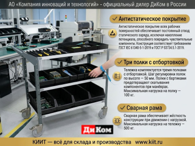 Антистатическая тележка ДиКом ВЛТ-030 ESD (500 кг, 100 кг на полку, 863х930х471 мм). Изображение №5