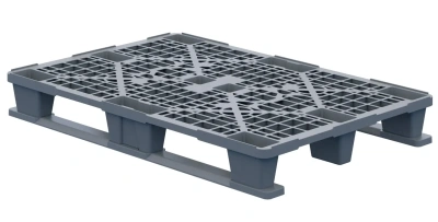Пластиковый паллет iPlast 1200x800x150 мм (серый, усиленный, перфорированный, на 2 полозьях с бортиком). Изображение №5