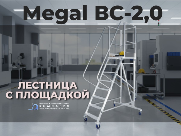 Фото лестница складская передвижная с площадкой на колесиках (150 кг) megal - вс-2.0 на сайте www.kiit.ru в интернет-каталоге КИИТ ☎ +7(800) 707-07-45