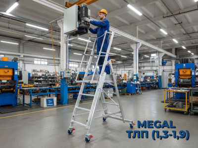 Телескопическая лестница-платформа MEGAL ТЛП (1,3-1,9) — алюминиевая, передвижная, с регулировкой высоты. Изображение №5