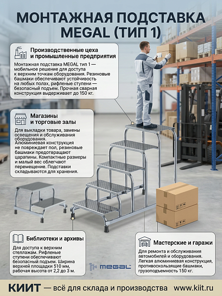 Алюминиевая подставка MEGAL 5 ступеней для работ на высоте 3,0 м, грузоподъемность 150 кг
