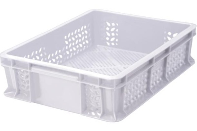 Пластиковый ящик 600х400х120 мм перфорированный без ручек белый морозостойкий. Изображение №1