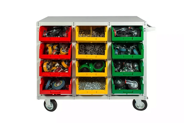 Мобильный стеллаж Стелла-техник V4-12-200-К с 12 пластиковыми ящиками V-4 на колесах — вид спереди