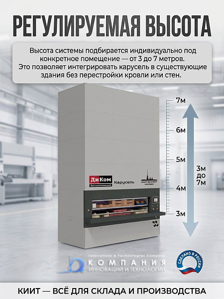 Высота системы подбирается индивидуально под конкретное помещение — от 3 до 7 метров. Это позволяет интегрировать карусель в существующие здания без перестройки кровли или стен.