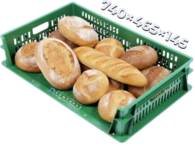Хлебный 3-х бортный ящик сплошное дно 740х465х145 перфорированные стенки, объем 39, зеленый. Изображение №1