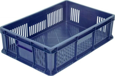 Пластиковый ящик 600х400х140 мм перфорированный без ручек синий. Изображение №1