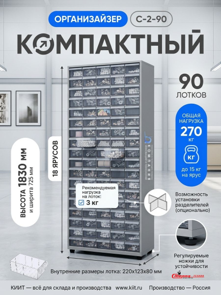 Купить шкаф-органайзер Стелла-техник С-2-90 с 90 пластиковыми коробами. Размер 725x250x1830 мм, ЛДСП, нагрузка до 270 кг, прозрачные лотки. Для склада и офиса. Продажа, доставка в Москве и по всей России — КИИТ.