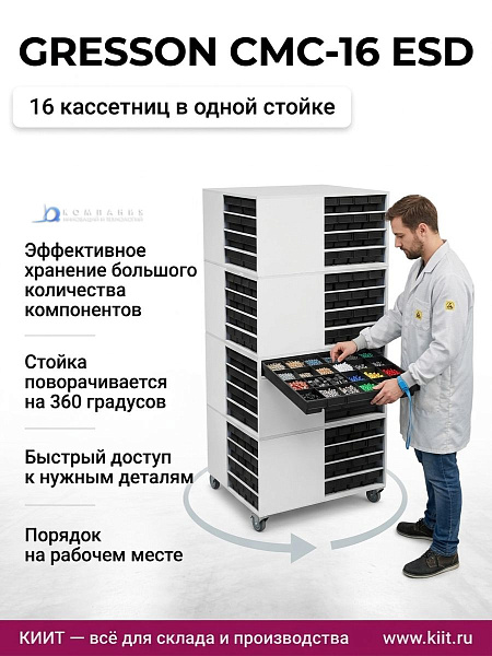 Модульная стойка СМС-16 ESD с кассетницами | 8 узких и 8 широких сегментов, пластиковые антистатические лотки, поворотное основание