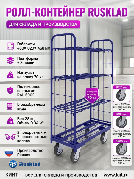 Ролл-контейнер RUSKLAD (платформа + 3 полки) — надежное решение для супермаркетов и складов
