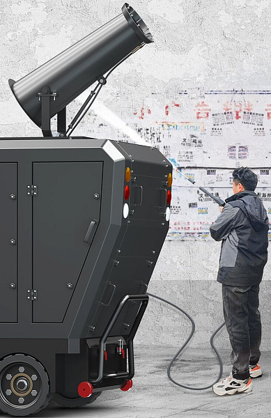 Уникальная распылительная пушка пылеподавления с регулируемым углом наклона до 350° и система мойки высокого давления делают машину универсальным инструментом для городских и промышленных объектов