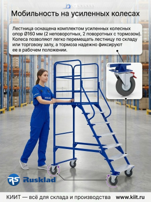 Передвижная лестница RUSKLAD ЛР 6.1 (6 ступеней, 200 кг, с комплектом усиленных колес). Изображение №3