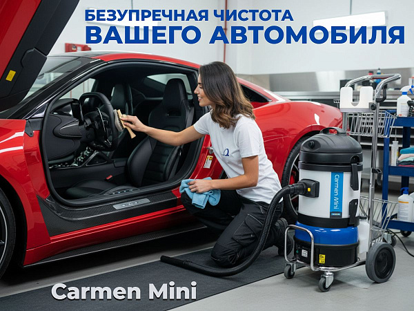 Глубокая чистка салона автомобиля. Carmen Mini Tecnovap: пар обезжиривает и дезинфицирует, а встроенный пылесос тут же удаляет грязную воду. Сиденья, коврики и пластик — всё чистое и сухое.