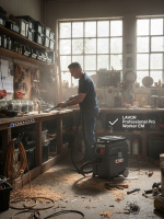 Промышленный пылесос для влажной и сухой уборки (пылеводосос) LAVOR Professional Pro Worker EM оснащен розеткой для подключения электрического инструмента и может работать с опасной пылью класса «М»