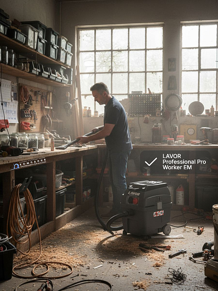 Промышленный пылесос для влажной и сухой уборки (пылеводосос) LAVOR Professional Pro Worker EM оснащен розеткой для подключения электрического инструмента и может работать с опасной пылью класса «М»