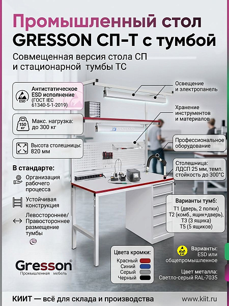 Фото промышленный стол с тумбой gresson сп-т (1200/1500/1800 мм, нагрузка 300 кг, esd) на сайте www.kiit.ru в интернет-каталоге КИИТ ☎ +7(800) 707-07-45 Изображение №9