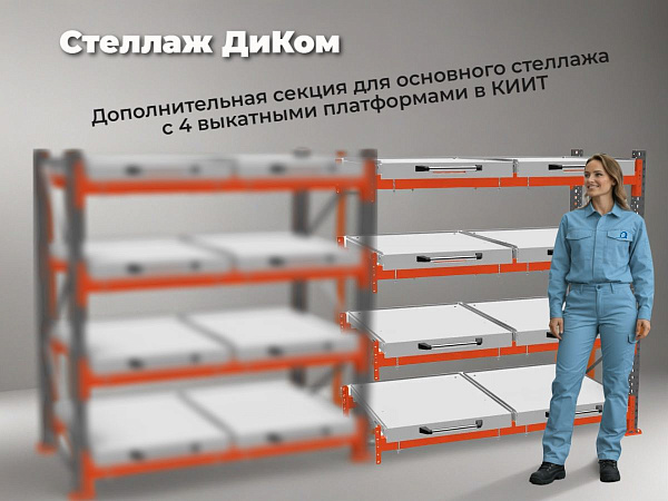 Выкатные платформы позволяют использовать кран для загрузки тяжелых грузов. К основному стеллажу можно присоединить необходимое количество дополнительных секций.