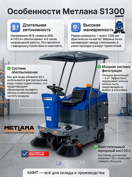 Промышленная подметальная машина Метлана S1300 — это мощное и надежное решение для уборки крупных территорий. Ширина уборки 1300 мм, производительность 6000 м²/ч, вместительный бункер 120 л, система обеспыливания с баком 65 л, радиус разворота 1,2 м и авт
