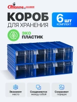 Модульная система хранения С-2-К6 — это комплект из 6 пластиковых коробов синего цвета с прозрачными выдвижными контейнерами, предназначенный для упорядоченного хранения мелкоштучных изделий, крепежа, комплектующих и деталей на складах, в производственных
