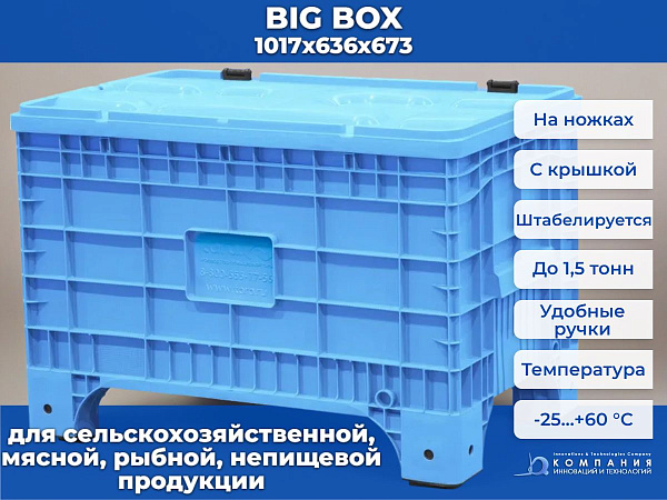 Большой пластиковый контейнер Big Box 1017х636х673 на ножках, с крышкой на петлях голубой
