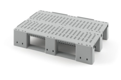 Пластиковый поддон на трёх полозьях усиленный одной трубой iPlast 02.117.Т106 1200x800x150 мм перфорированный серый  . Изображение №1