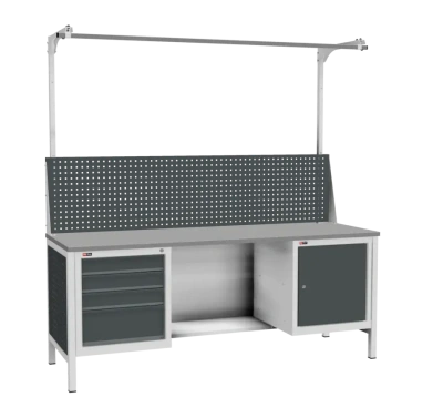 Верстак ДиКом ВЛ-К-200-05+Э2 | Ширина 2000 мм, две тумбы (4+ ящика), экран 1240 мм, светильник. Изображение №1