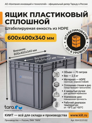 Ящик пластиковый сплошной 600x400x340 мм (дно усиленное, 4 закрытые ручки). Изображение №1