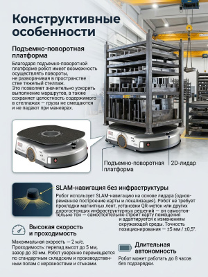 Автономный мобильный робот (AMR) ДиКом DMR 1200 (1200 кг, SLAM-навигация, подъемно-поворотная платформа, 8 ч автономности, сертификат МИНПРОМТОРГ России). Изображение №6