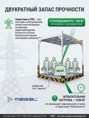 Подвесная алюминиевая люлька для подъема людей MEGAL ЛПА 4/1 с защитным демпфером сигнального цвета. Изображение №5