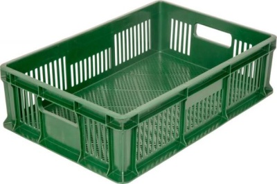 Пластиковый ящик 600х400х140 мм перфорированный с ручками зеленый морозостойкий. Изображение №1