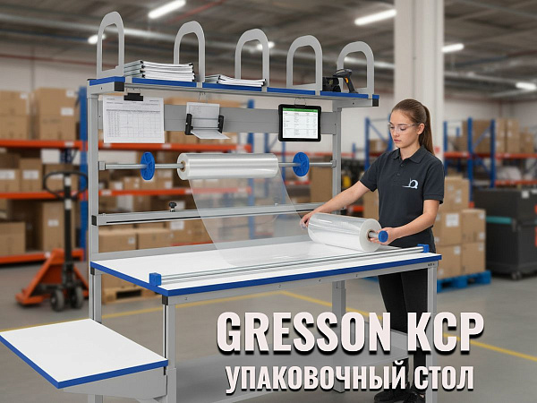 Купить широкий упаковочный стол GRESSON КСР-1200x900 с расширенной комплектацией. Размер 1200x900 мм, регулировка высоты 650–950 мм, нагрузка 300 кг. В комплекте: нижняя полка с бортами, задний ограничитель ЗОС, боковая приставка БПС, держатель рулона ДРВ