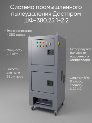 Система промышленного пылеудаления Дастпром ШФ-380.25.1–2.2 (25 л, 2,2 кВт, 380 В, автоматическая пневмоочистка HEPA). Изображение №7