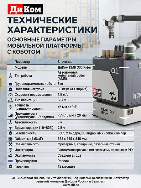 Автономный мобильный робот ДиКом DMR 300 Rider | 5 кг, скорость 1,5 м/с, SLAM-навигация, автономность 8 ч