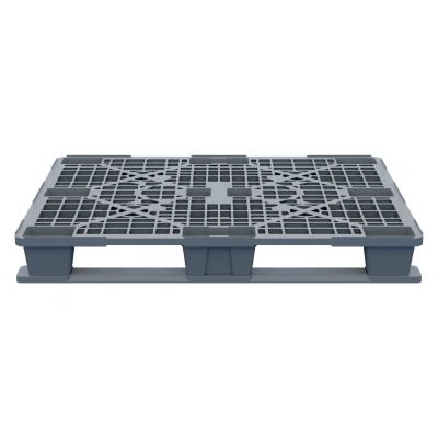 Пластиковый паллет iPlast 1200x800x150 мм (серый, усиленный, перфорированный, на 2 полозьях с бортиком). Изображение №1