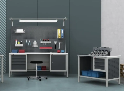 Верстак ДиКом ВЛ-К-100-04+Э2 | С подвесной тумбой на 3 ящика и перфорированным экраном. Изображение №2