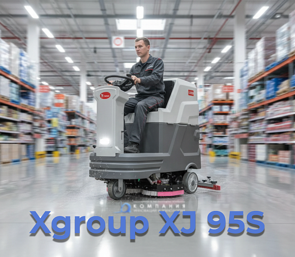 Крупный план поломоечной машины XGroup XJ95S снизу, видны две вращающиеся щетки и широкая всасывающая балка.