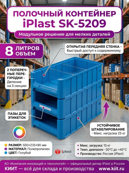 Купить полочный контейнер iPlast SK-5209 500×235×90 мм с 2 поперечными перегородками. Полипропилен, нагрузка 15 кг, для склада и производства. Продажа, доставка в Москве и по всей России — КИИТ.