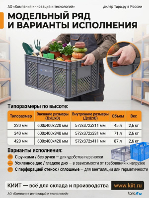 Ящик пластиковый перфорированный 600x400x220 мм (4 открытые ручки, дно гладкое). Изображение №6