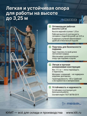 Передвижная монтажная подставка MEGAL (тип 2) — 5 ступеней с одним поручнем (051105). Изображение №3