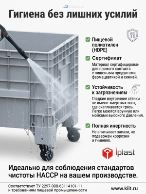 Большой пластиковый контейнер iPlast iBOX 1020x640x810 мм на колесах (светло-серый, сплошные стенки и дно). Изображение №7