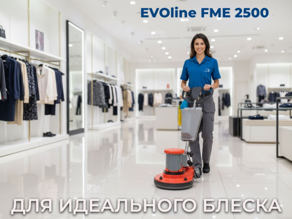 EVOline FME 2500 – профессиональная низкооборотная однодисковая машина повышенной мощности. Подходит для шампунирования ковров, глубокой очистки твёрдых покрытий, генеральной и послестроительной уборки, полировки, стриппинга и кристаллизации