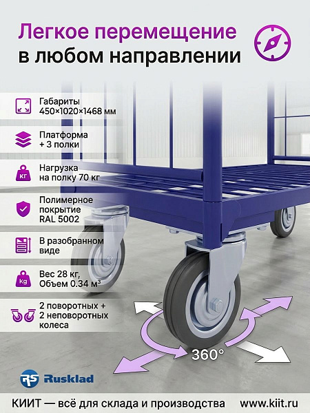 Фото ролл-контейнер rusklad | 454х1024х1459 мм, 3 полки, колеса ø160 мм (г/п 450 кг) на сайте www.kiit.ru в интернет-каталоге КИИТ ☎ +7(800) 707-07-45 Изображение №5